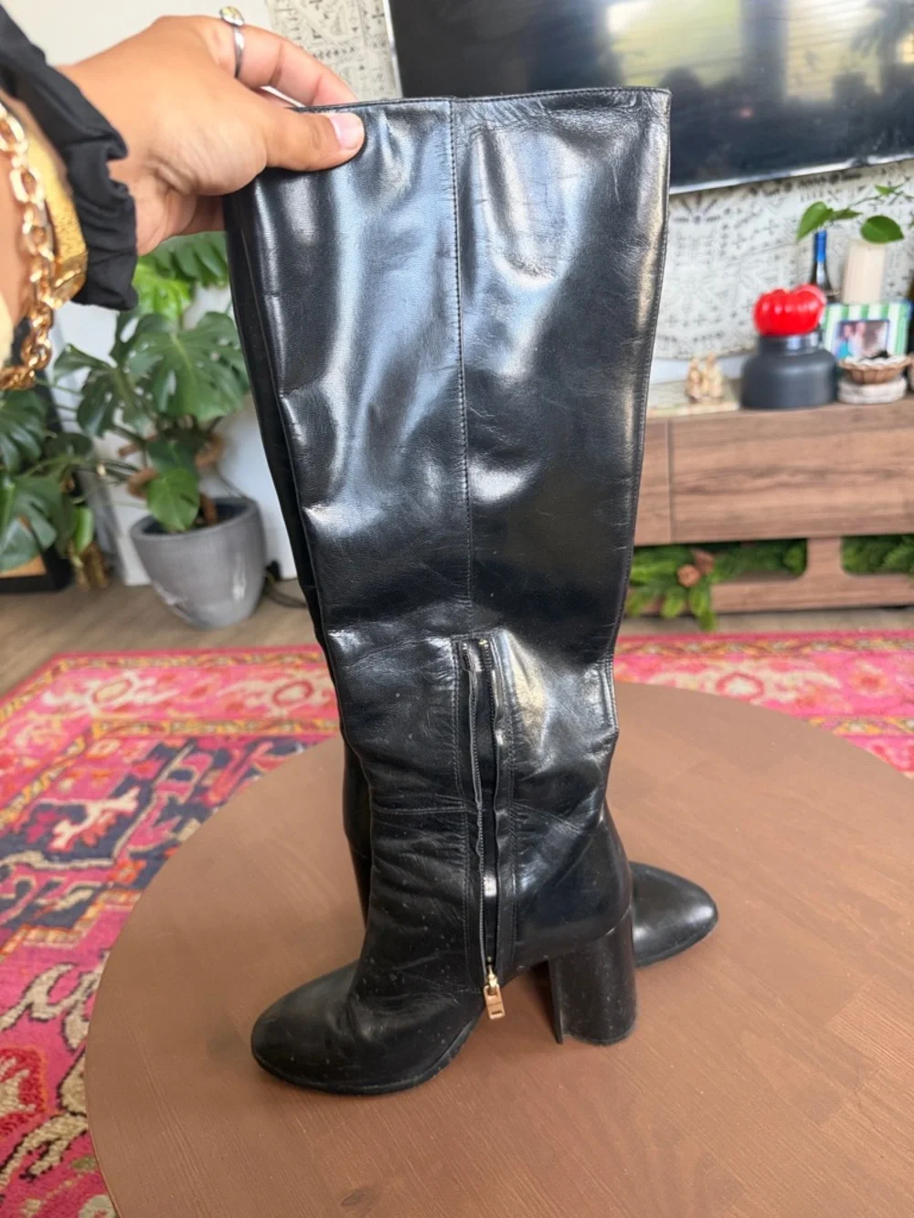 Classic Black Knee-High Block Heel Boots - Women's - Picture 2 of 4